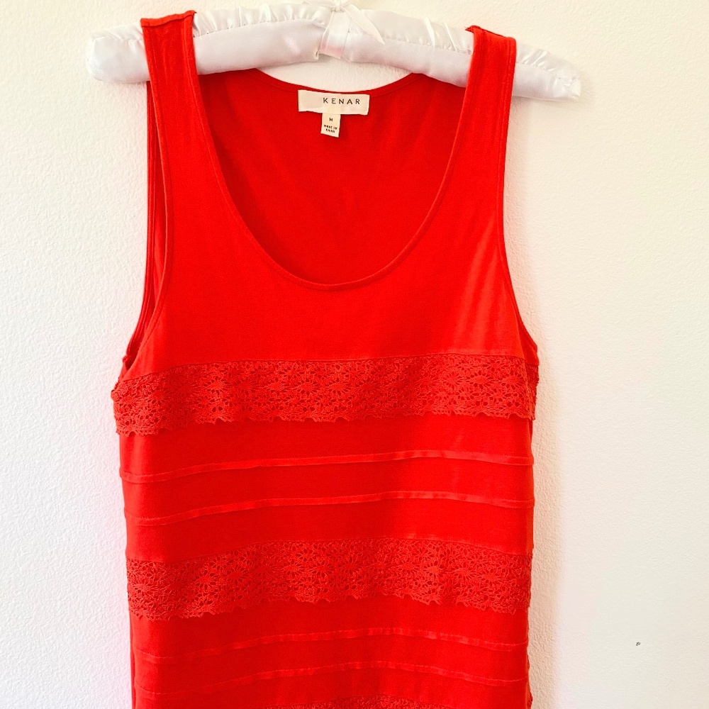 Kenar, Red Orange Scoop Neck Tank with Lace, Size Medium